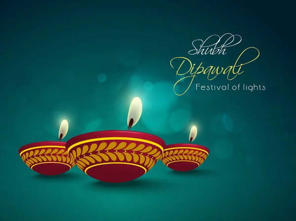 Illuminated oil lit lamps for Happy Diwali celebration. — Stock Vector