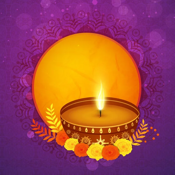 Greeting card with lit lamp for Happy Diwali celebration. — 스톡 벡터