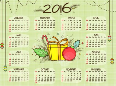 2016 Yearly Calendar for New Year celebration.