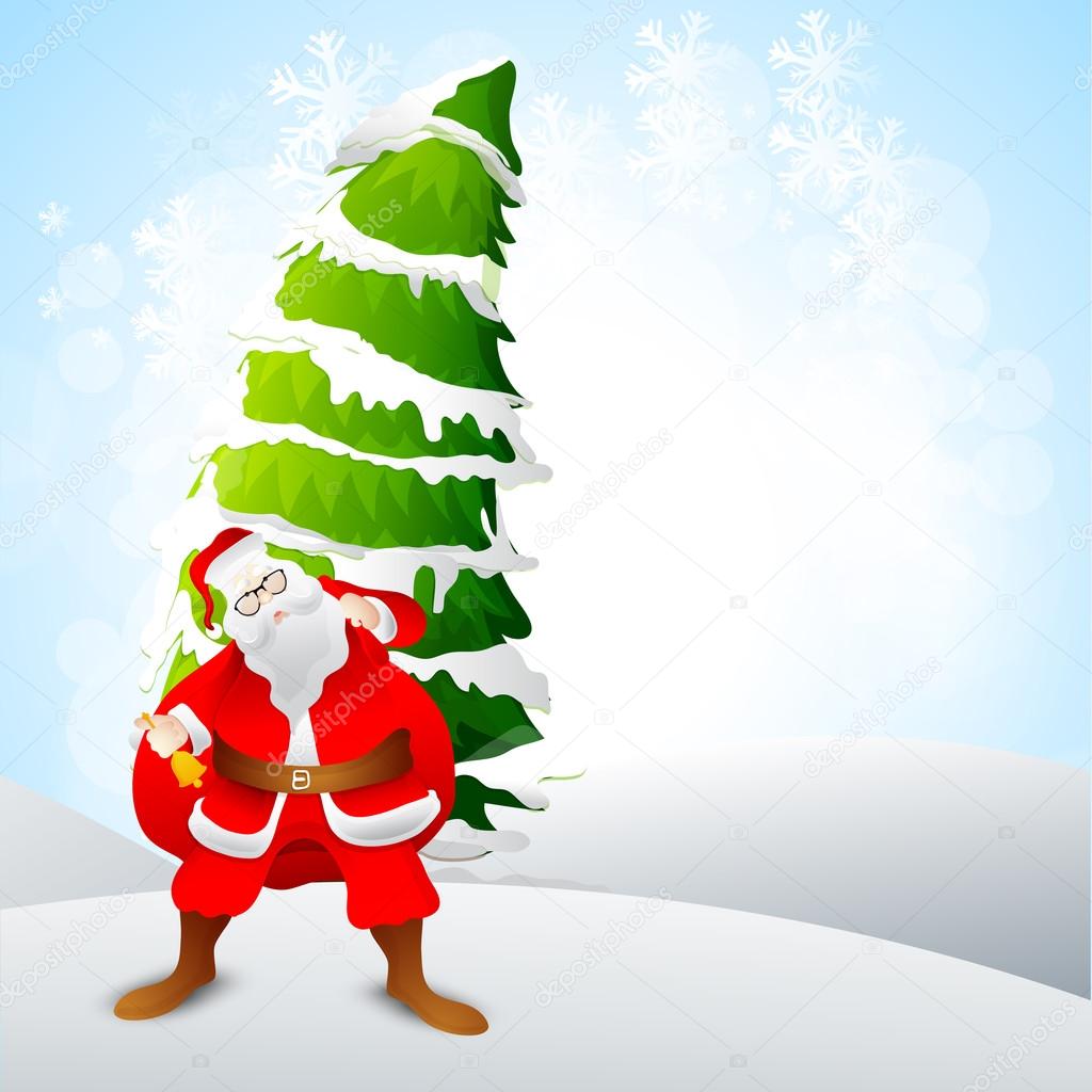 Santa Claus ringing bell and holding heavy t sack on snow covered Xmas Tree decorated background for Merry Christmas celebration — Wektor od