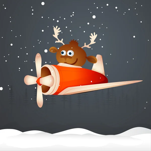 Cute reindeer on plane for Merry Christmas. — 图库矢量图片