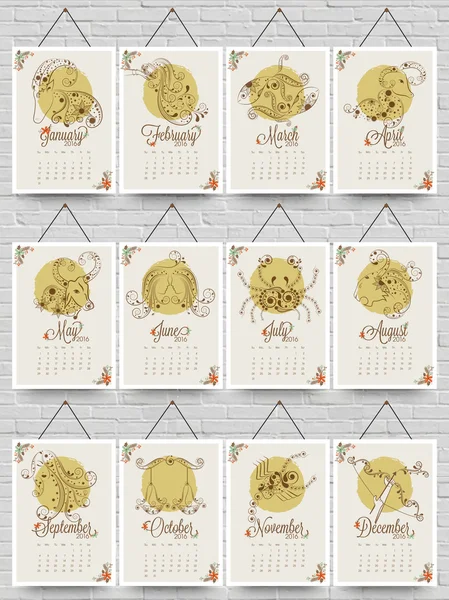 Calendario annuale con segni zodiacali per il nuovo anno . — Vettoriale Stock