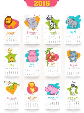 Yearly 2016 Calendar for New Year celebration.