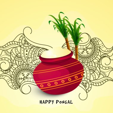 Traditional mud pot with sugarcane for Pongal.