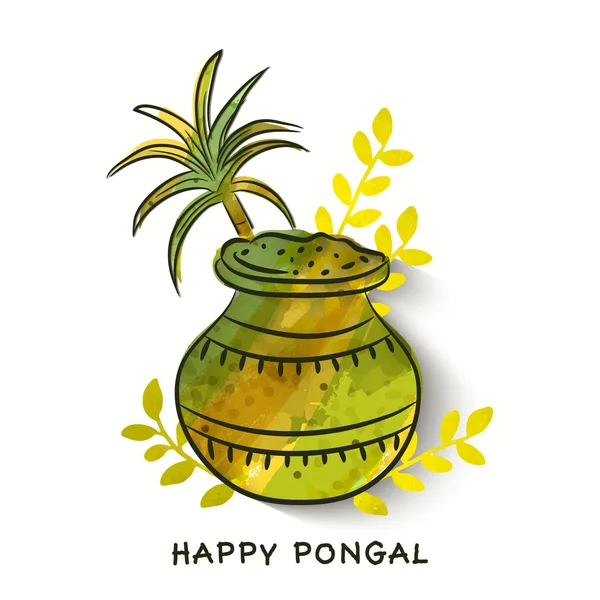 Maceta de barro y caña de azúcar para la celebración de Pongal . — Vector de stock