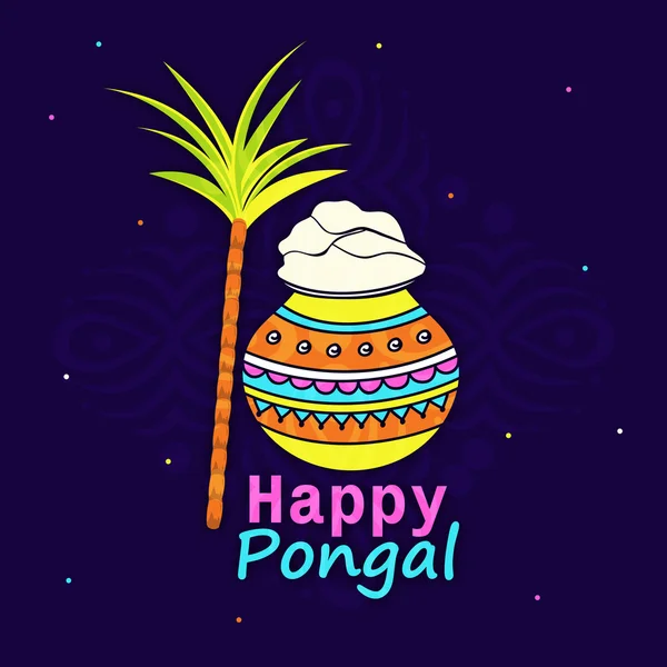 Feliz celebración de Pongal con olla de barro y caña de azúcar . — Vector de stock