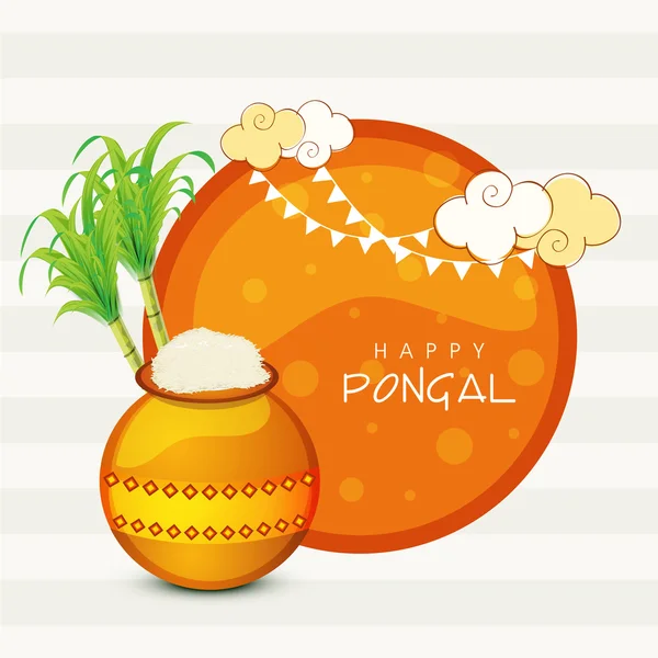 Joyeuse célébration de Pongal avec pot de boue et canne à sucre . — Image vectorielle