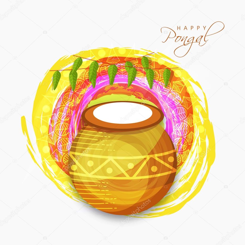 Happy Pongal celebration with traditional mud pot.