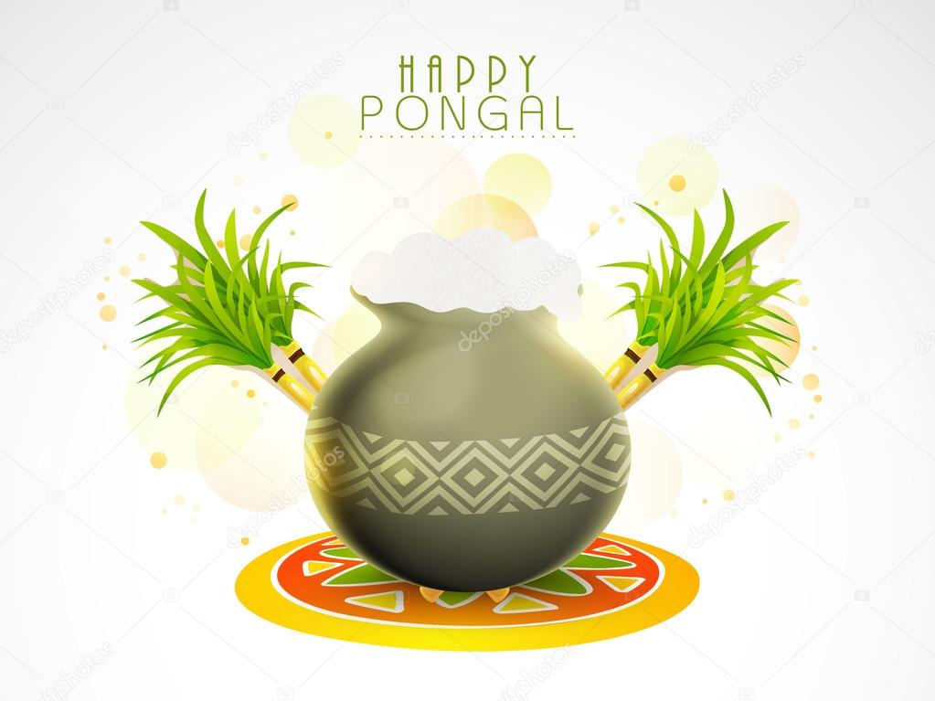 Mud pot with sugarcanes for Pongal celebration.