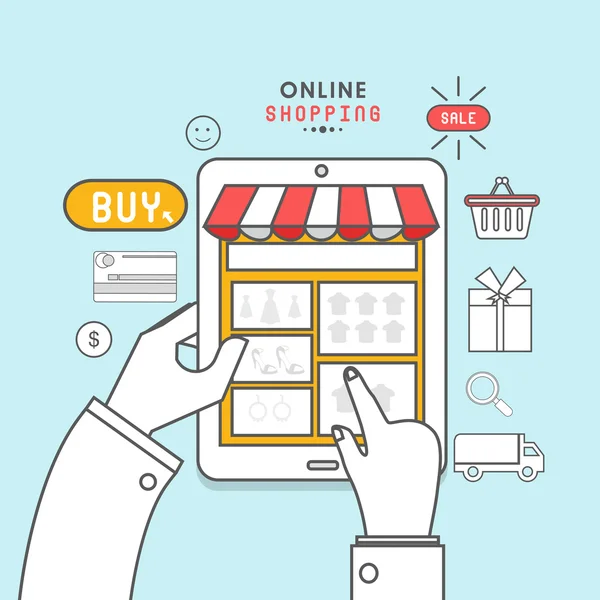 Emberi kéz az Online vásárlás koncepció tabletta. — Stock Vector