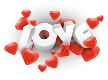 3D text with red hearts for Valentine's Day.