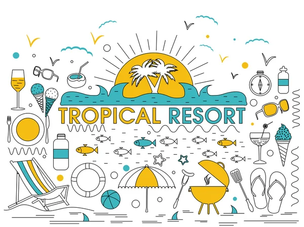 Conjunto de design criativo de doodles Tropical Resort . — Vetor de Stock