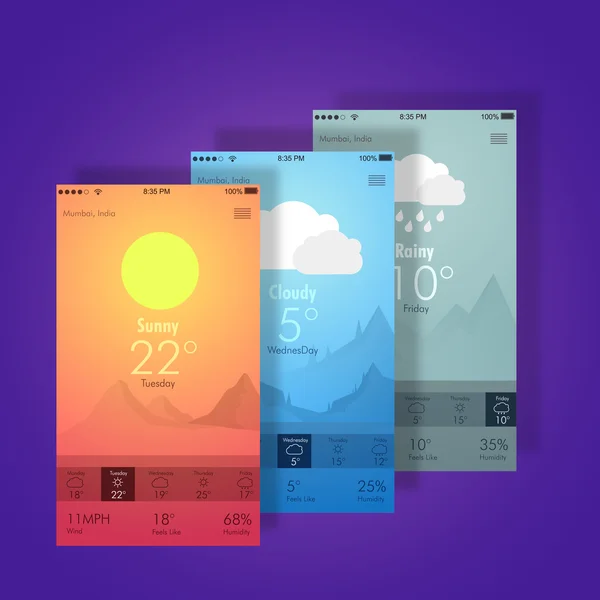 Mobile Ui schermen voor weer functie. — Stockvector