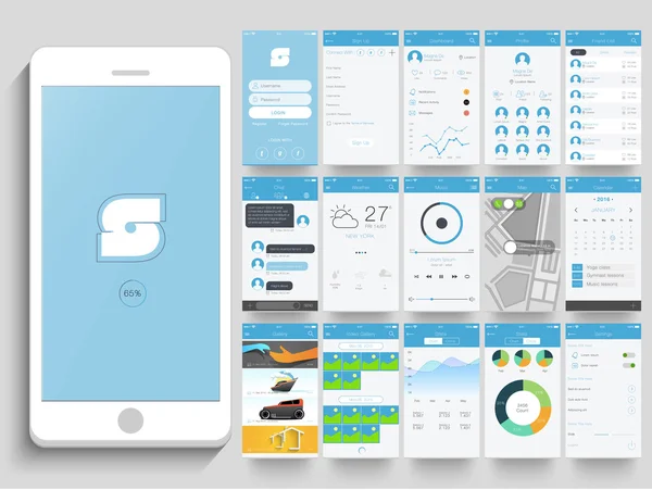 Kit de interfaz de aplicación móvil con Smartphone . — Vector de stock