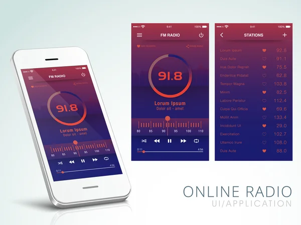 Schermi di interfaccia utente Radio online con Smartphone . — Vettoriale Stock