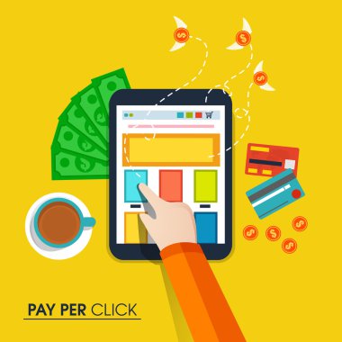 Human hand with tablet for Pay Per Click concept.