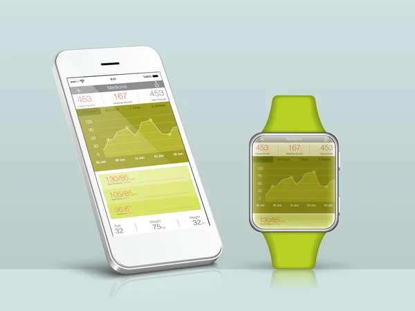 Slimme horloge gesynchroniseerd gezondheidsinformatie smartphone. — Stockvector
