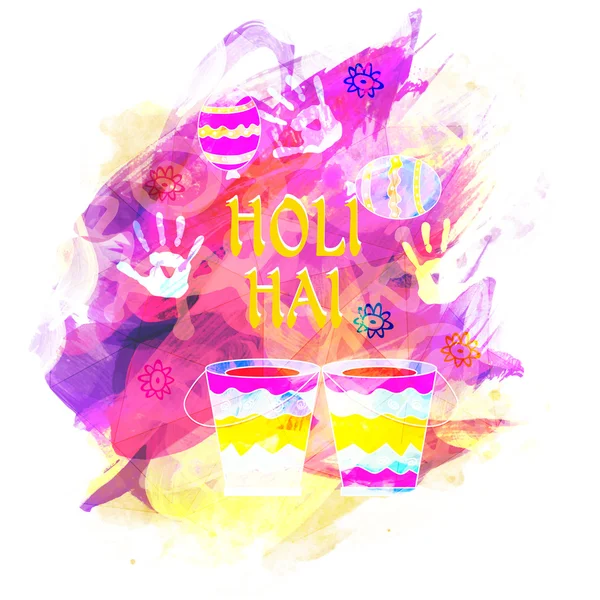 Stylish text with buckets for Holi Festival celebration. — Stok Vektör