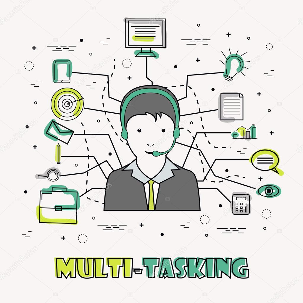 Multi-Tasking Businessman with Infographic elements.