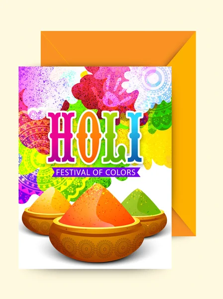 Greeting card with envelope for Holi celebration. — Stockvector