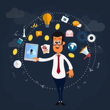 Infographic elemanları ile işadamı.