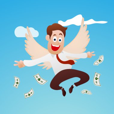 Doları ile gökyüzünde uçan işadamı.