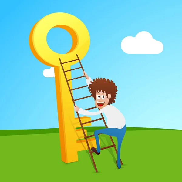 Businessman trying to climb up on success key. — Stock Vector