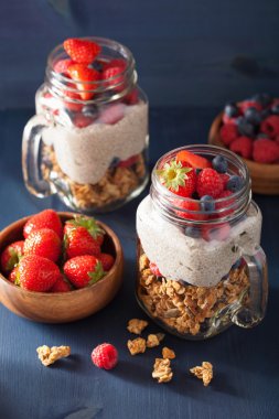 berry sağlıklı kahvaltı ile ev yapımı granola ve chia tohum puding