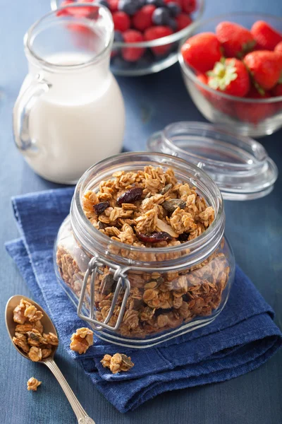 Domowe muesli zdrowy w słoik i jagody — Zdjęcie stockowe