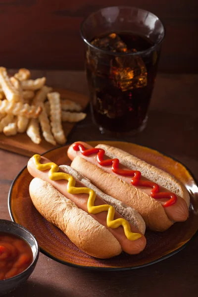 Grilled hot dogs with mustard ketchup and french fries — Stock Photo, Image