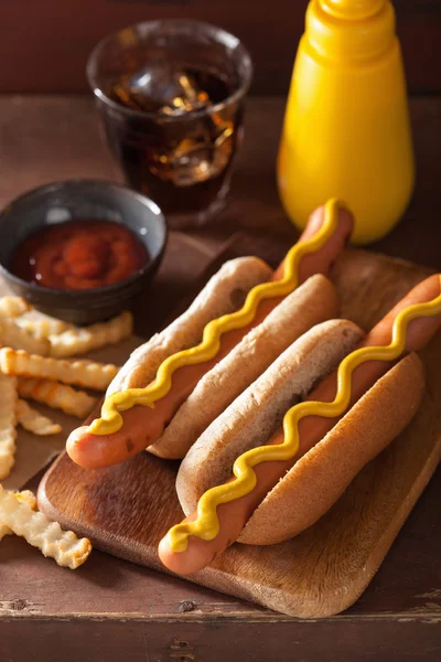 Grilled hot dogs with mustard and french fries — Stock Photo, Image