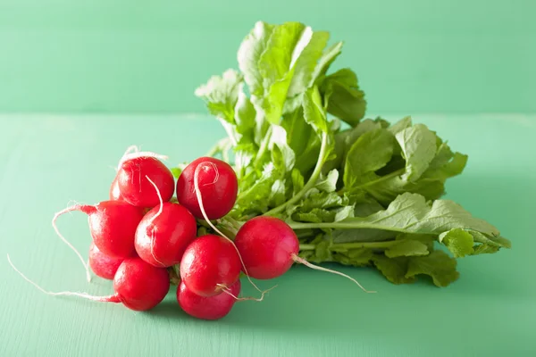 Rabanete fresco com folhas sobre fundo verde — Fotografia de Stock