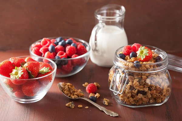 Hemgjord friska granola i glasburk och bär — Stockfoto