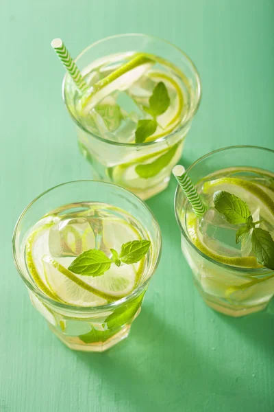 Mojito cocktail and ingredients over green background — Stock Photo, Image