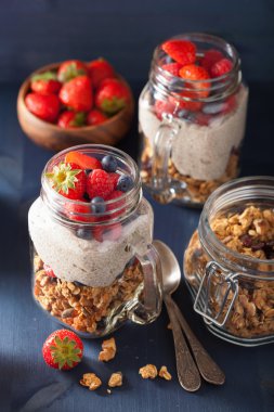 berry sağlıklı kahvaltı ile ev yapımı granola ve chia tohum puding