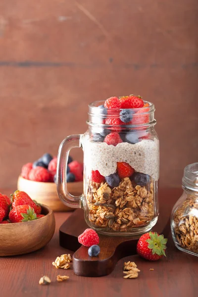 Домашний мюсли и пудинг из семян чиа со здоровым ягодным завтраком — стоковое фото