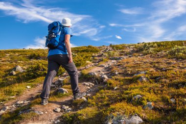 uzun yürüyüşe çıkan kimse Dovre Norveç dağlarında seyahat sırt çantası ile