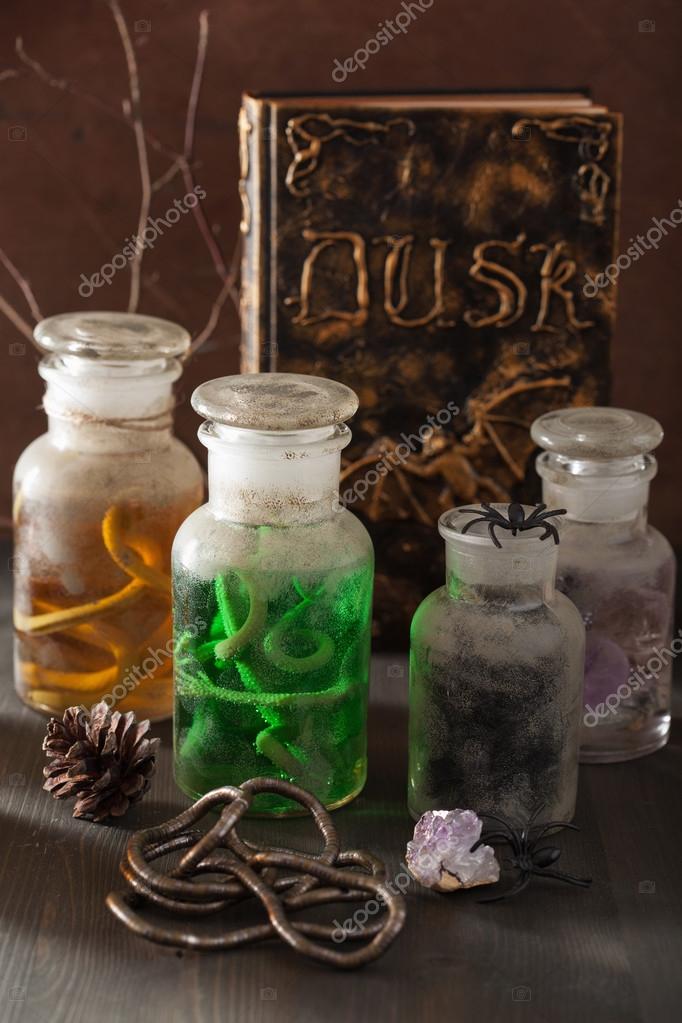 Witch Apothecary Jars Magic Potions Halloween Decoration Stock