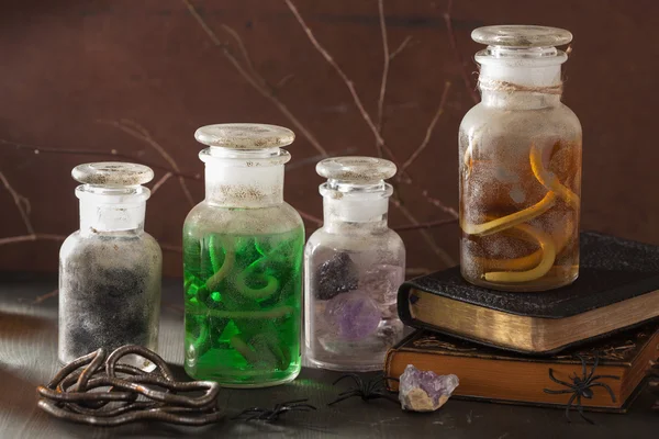 Witch apothecary jars magic potions halloween decoration — Stock Photo, Image