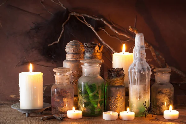 Witch apothecary jars magic potions halloween decoration — Stock Photo, Image