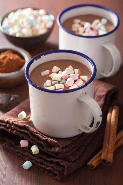 Chocolate quente com mini marshmallows canela bebida de inverno — Fotografia de Stock