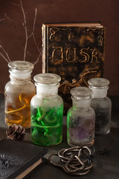 Witch apothecary jars magic potions halloween decoration — Stock Photo, Image