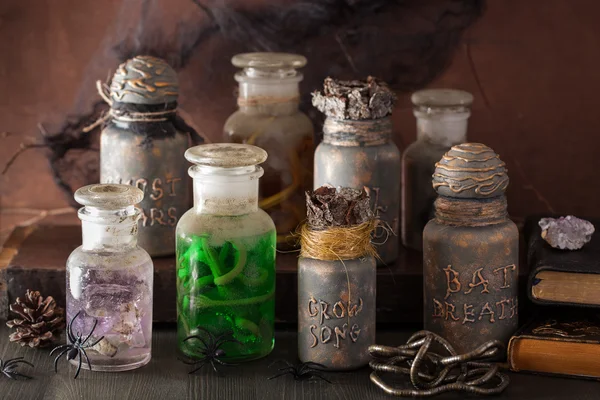 Witch apothecary jars magic potions halloween decoration — Stock Photo, Image