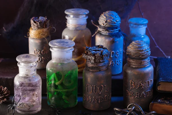 Witch apothecary jars magic potions halloween decoration — Stock Photo, Image