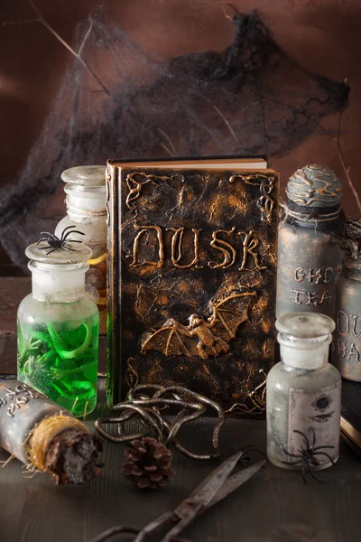 Hexe Apothekengläser Zaubertränke Buch Halloween-Dekoration — Stockfoto