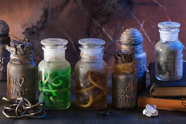 Witch apothecary jars magic potions halloween decoration — Stock Photo, Image