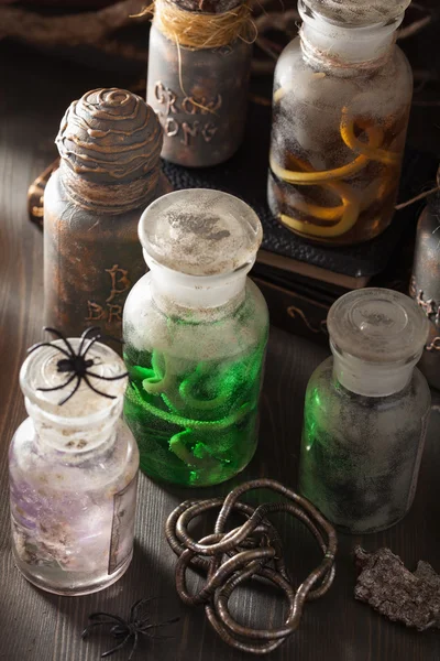 Witch apothecary jars magic potions halloween decoration — Stock Photo, Image