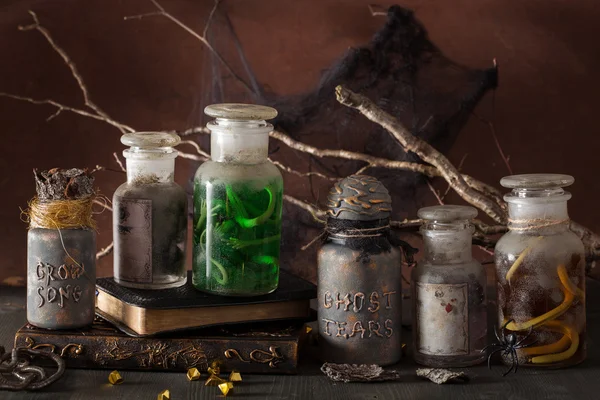 Bruja boticario tarros magia pociones halloween decoración — Foto de Stock