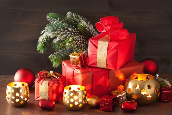 Red and golden christmas gift box and decoration — Stock Photo, Image
