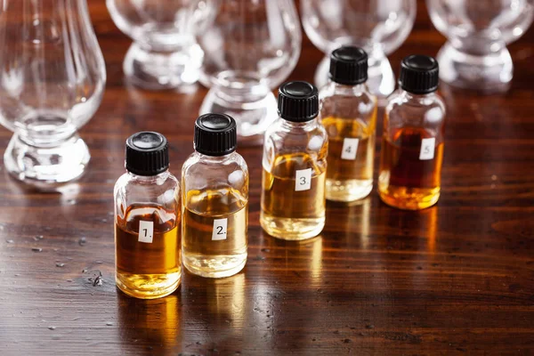 Tasting Bottles Glasses Whisky Spirit Brandy Cognac Tasting Home — Stock Photo, Image